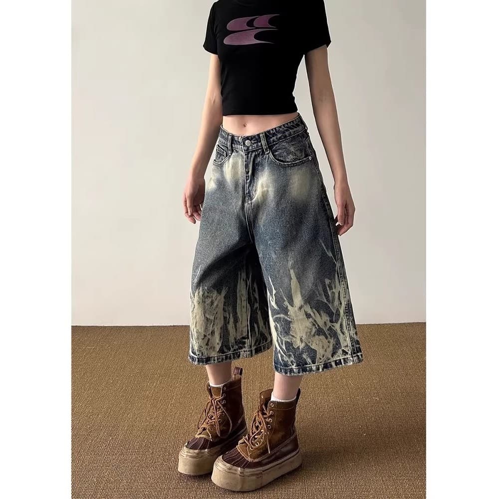 Americano Retro relâmpago padrão Tie-Dye Denim Shorts cortados masculino feminino rua Wear sobre o joelho nicho meados