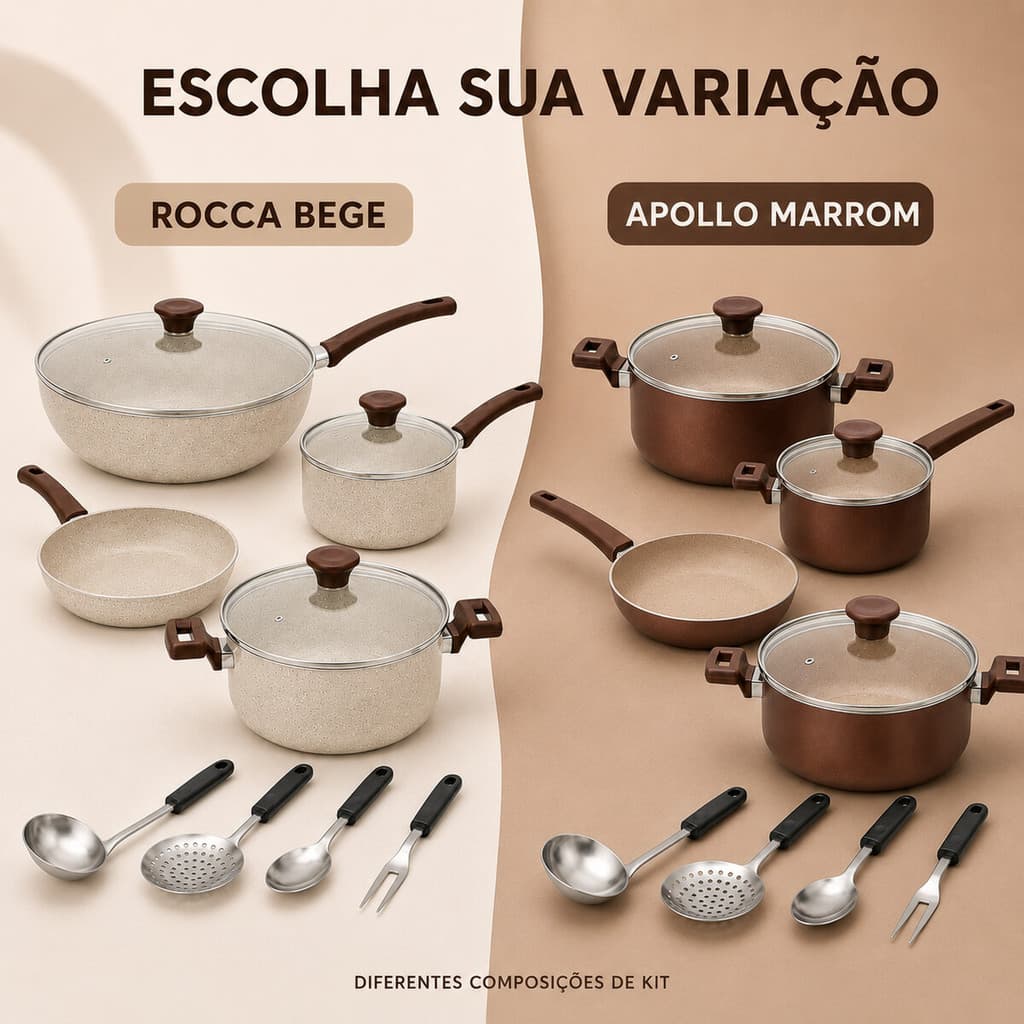 Jogo de Panelas 8 peças Bege/Marrom completo 8 Peças Antiaderente Teflon