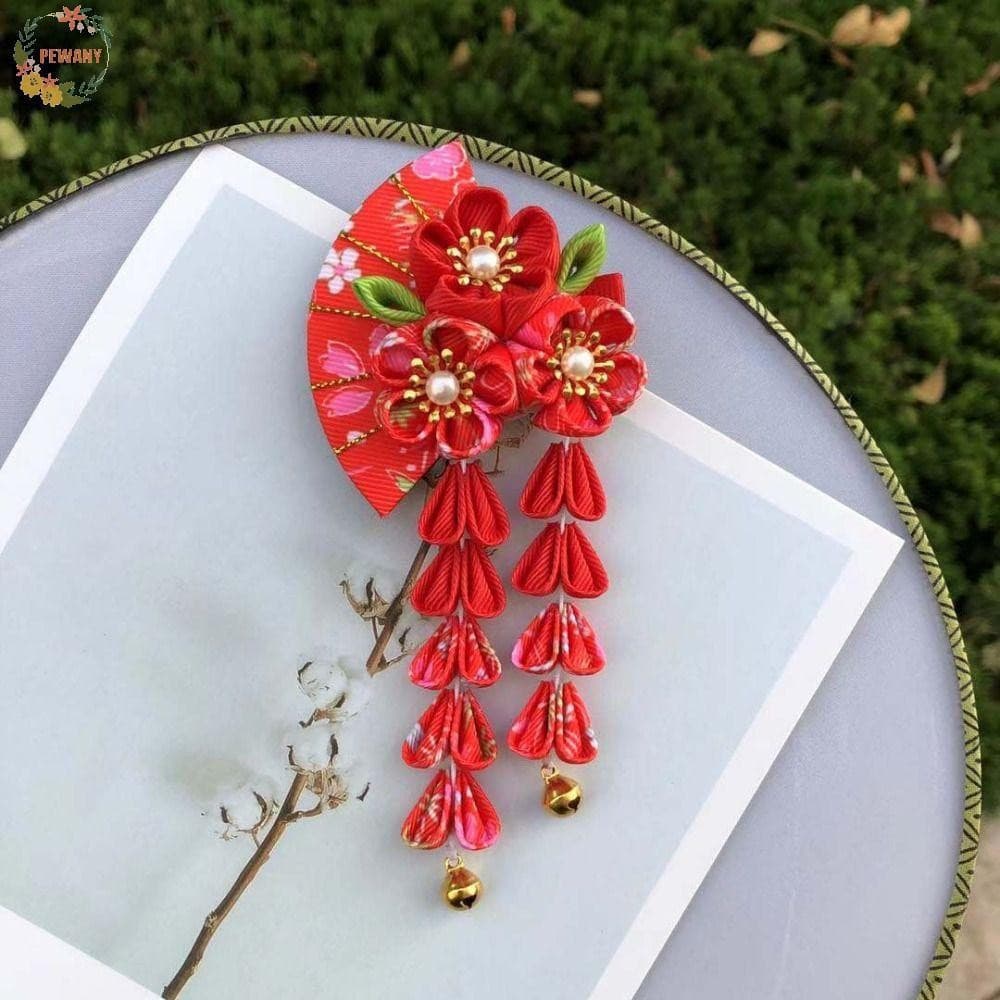 PEEWANY1 Grampo De Cabelo Com Borla , Flor De Pano , Quimono Japonês , Leque Hanfu , Borlas Sakura