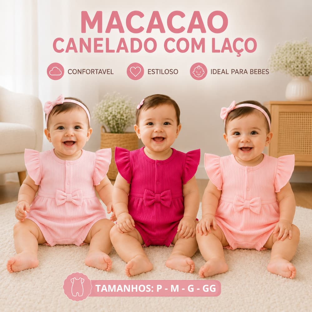 Macaquinho Bebê Menina Canelado luxo com Laço frontal princesa verão Mini Diva blogueirinha