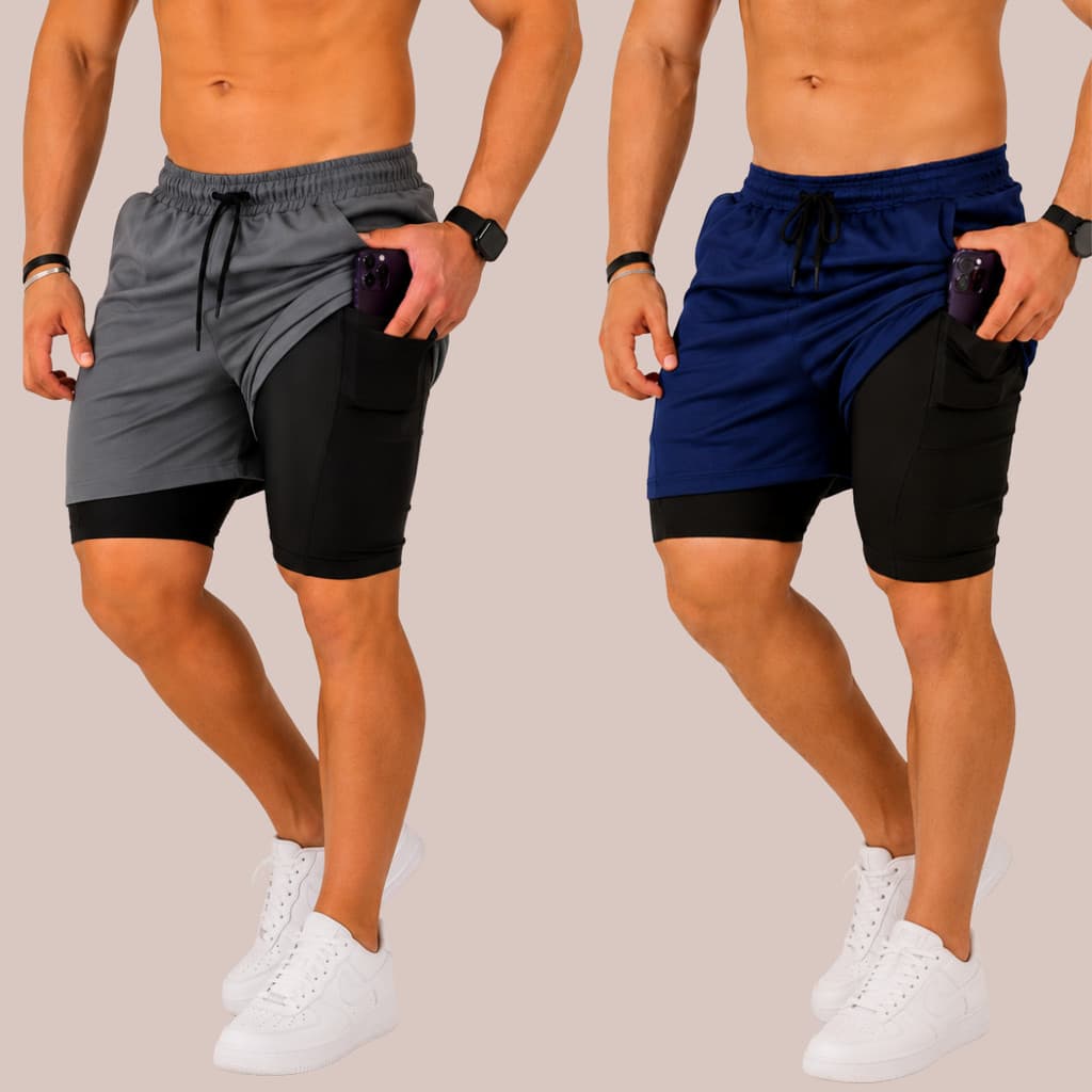 Kit 2 Short 2 Em 1 Masculino Bolso Interno Celular Compressão Bermuda Dry Fit Treino Corrida Fitness Cinza / Marinho