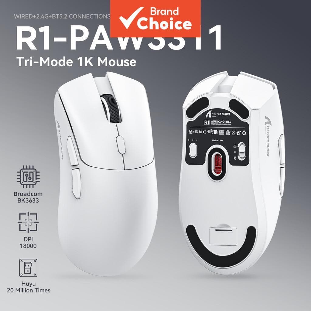 Mouse Gamer Sem Fio Attack Shark R1 com Sensor PAW3311, 1000Hz de taxa de retorno, Tri-modo e recarregável
