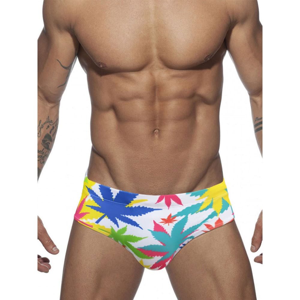 UXH Calção de banho masculino com estampa de folhas coloridas, tapete Anti-constrangimento, maiô triangular, piscina E