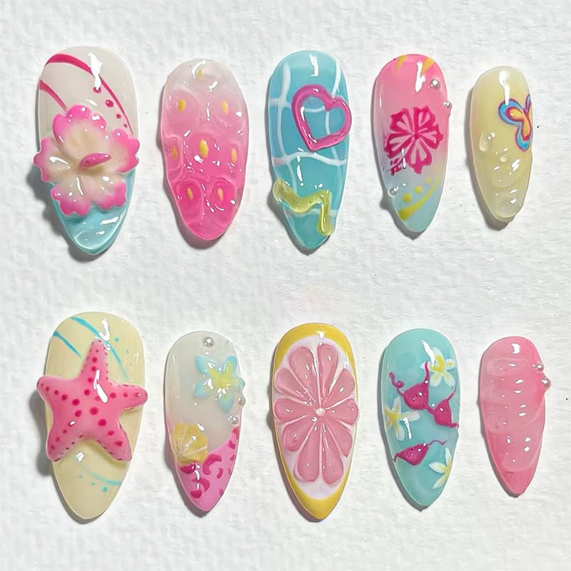 30 peças de unhas artificiais feitas à mão, peças de nail art pintadas com conchas de praia para o verão, designs 3D de