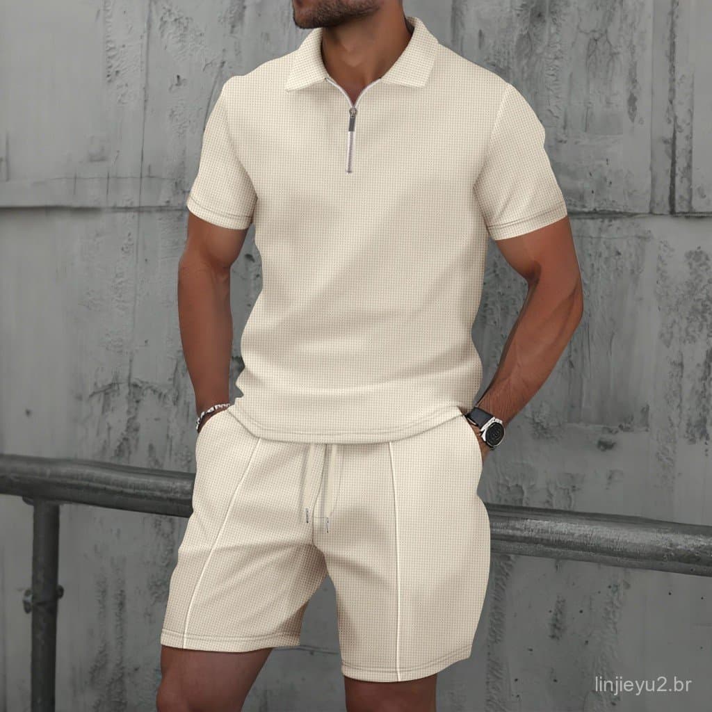 Novo Estilo Masculino Waffle Gra Camiseta De Manga Curta E shorts Terno casual .
