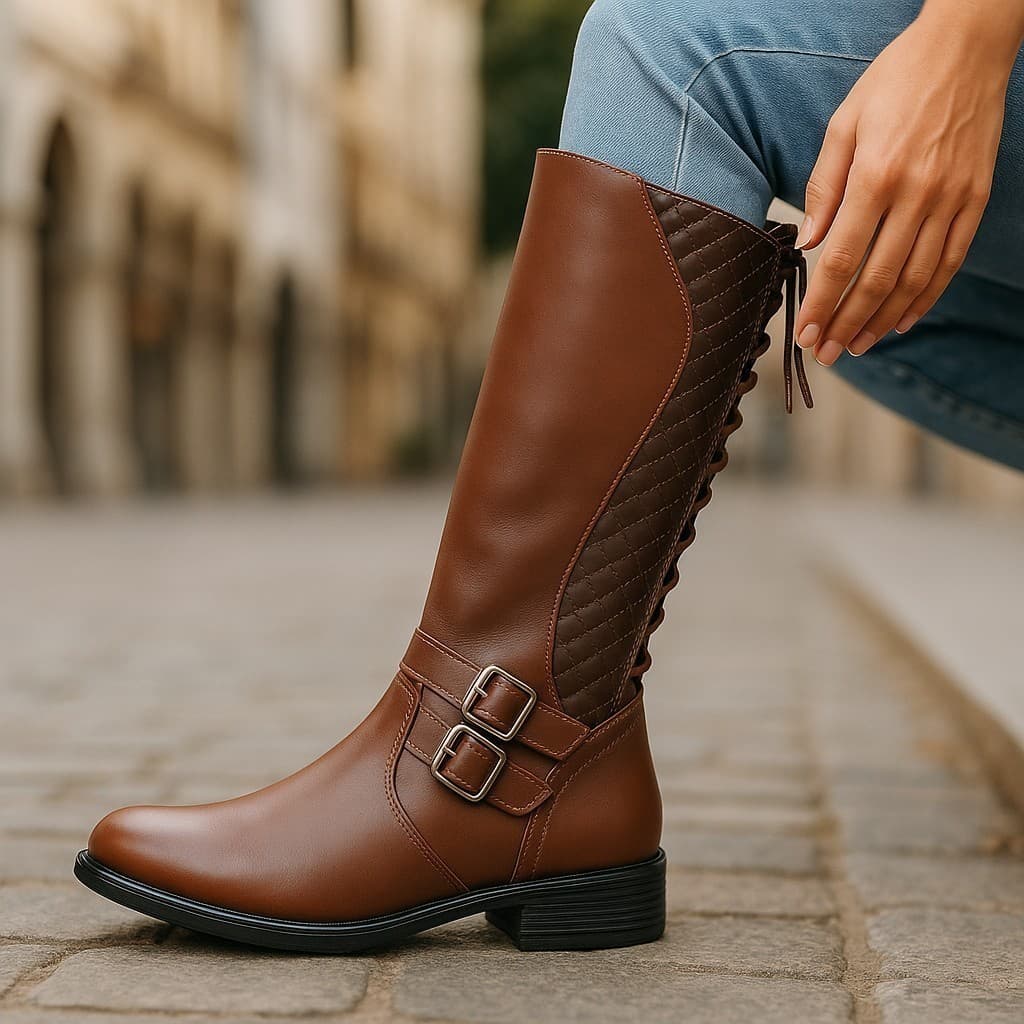 Bota Montaria Feminina Cano Longo com Amarração e Zíper em Sintético