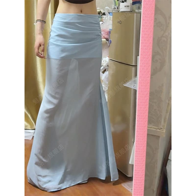 Saia francesa de malha para férias à beira-mar, saia pequena azul feminina, saia rabo de peixe, saia longa temperamento,