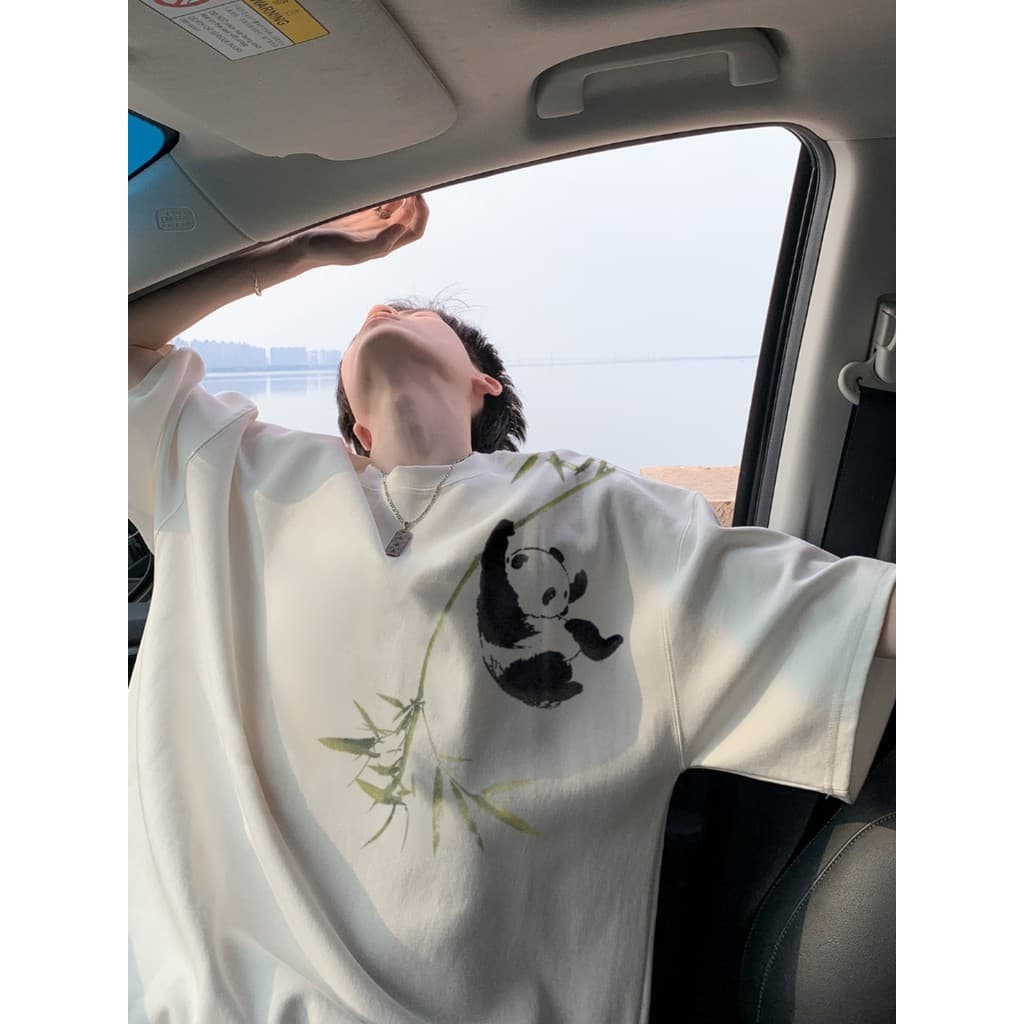 Novo estilo chinês estilo chinês bambu Panda camiseta masculina street Wear verão puro algodão nacional na moda pesado d