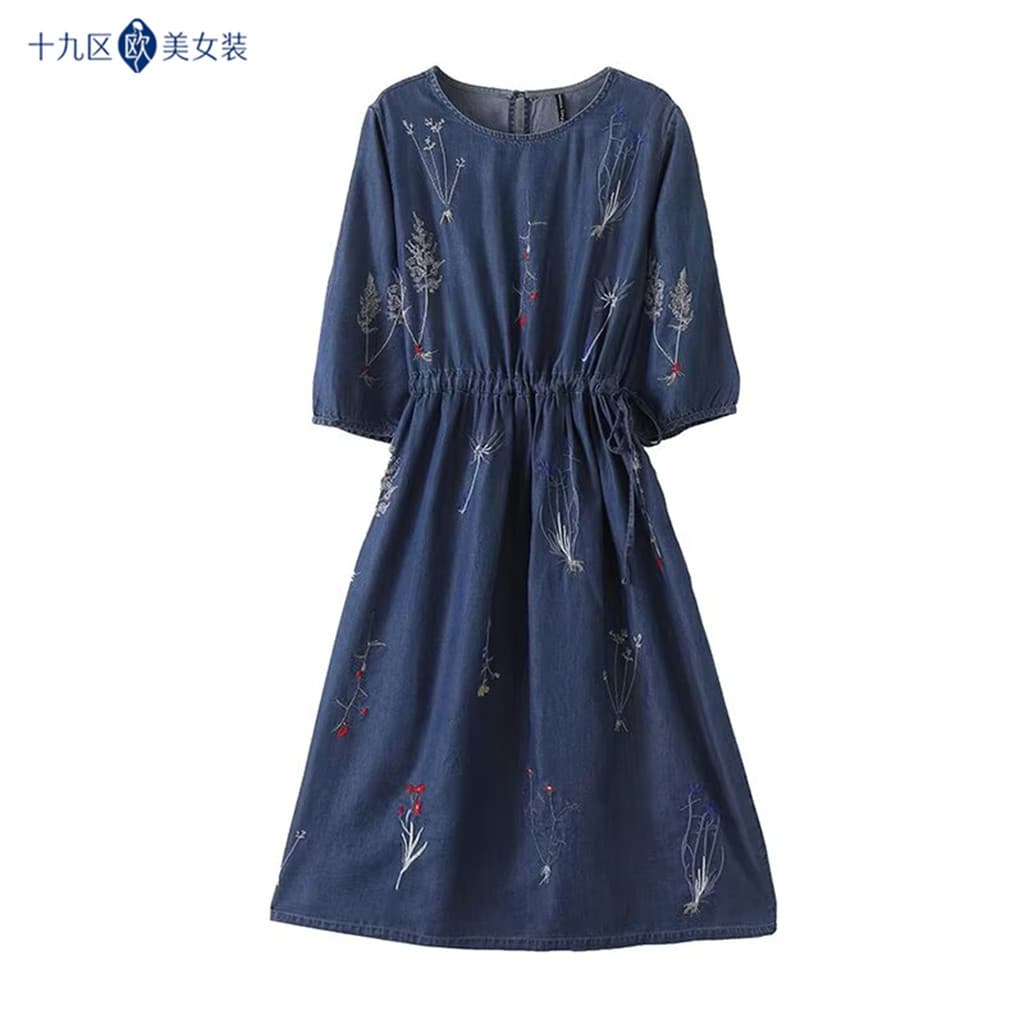Europeu europeu americano feminino novo estilo flor bordado Denim vestido em torno do pescoço cintura estreita Midi saia