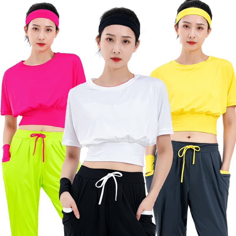 Haozhou novo estilo de alta elasticidade manga média Yoga estilo curto dança aeróbica topos feminino quadrado dança comp