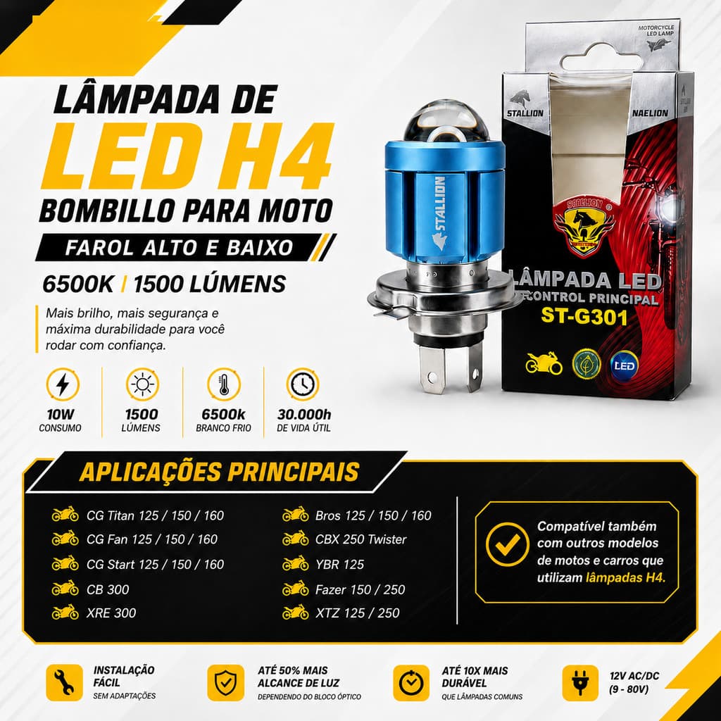 Lâmpada LED H4 Bombillo Para Moto Farol Alto e Baixo 6500K 1500 Lumens 12V Universal