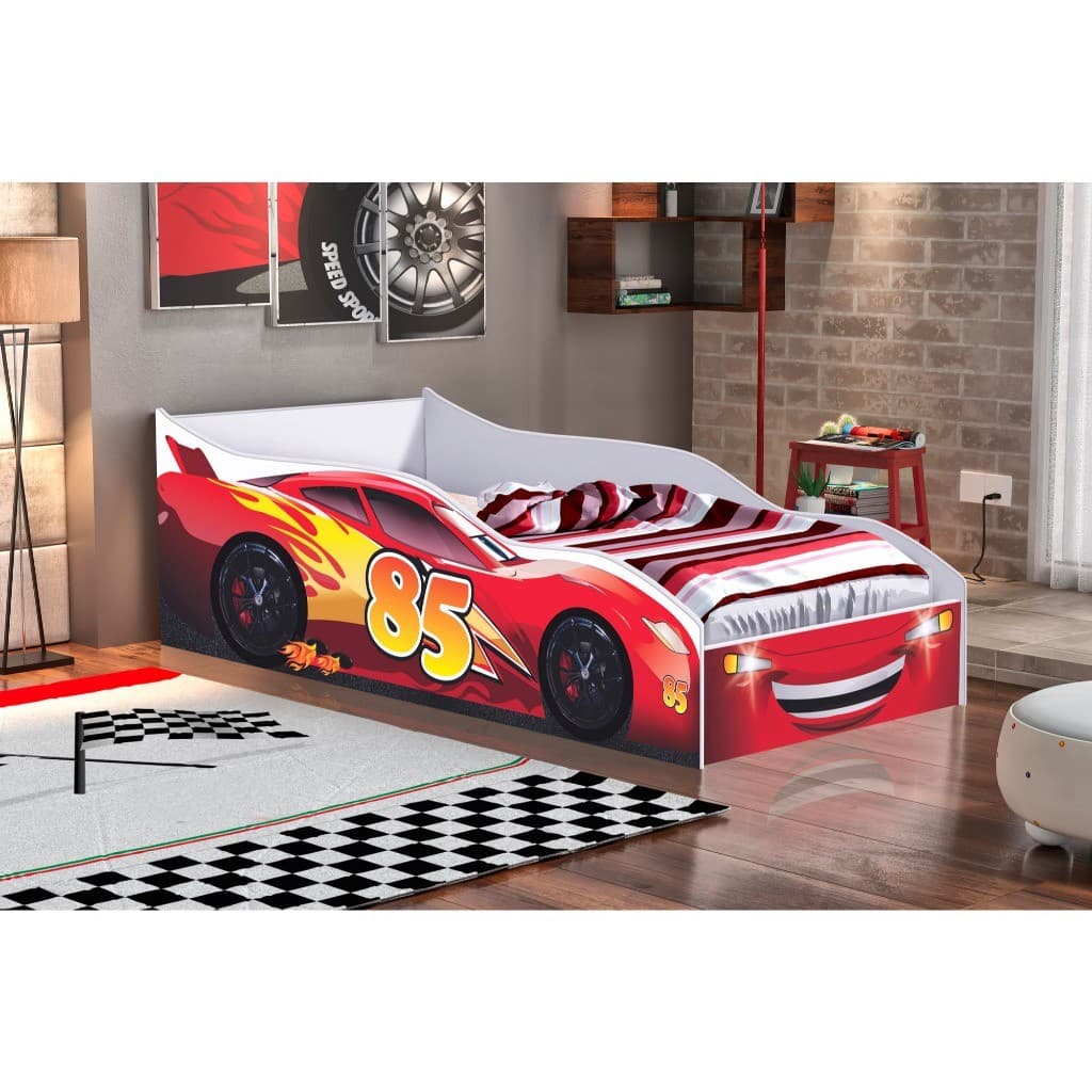 Mini Cama Infantil Carro McQueen Vermelha com Colchão Incluso MDF Compacta Grade de Proteção Lateral para Criança