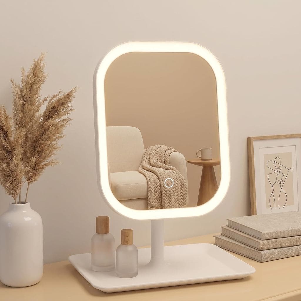 Espelho de Maquiagem Recarregável de 2400mAh, Espelhos de Mesa Giratórios 360 Graus com Luzes, Espelhos de Maquiagem LED