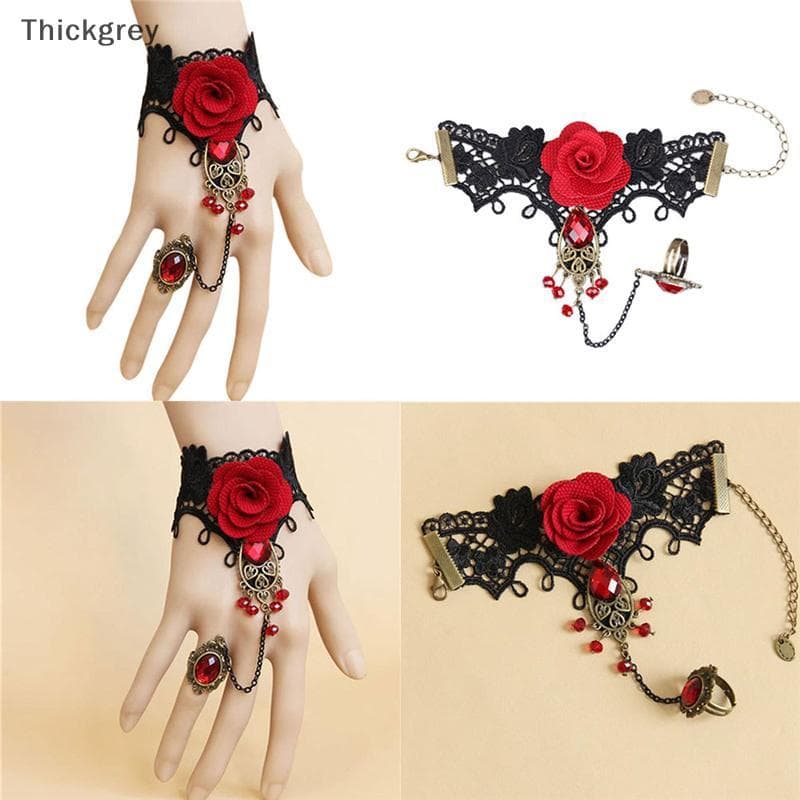 thickgrey Quente Novo Elegante Estilo Gótico Renda Rosa Vermelha Pulseira Com Anel De Dedo Ajustável BR