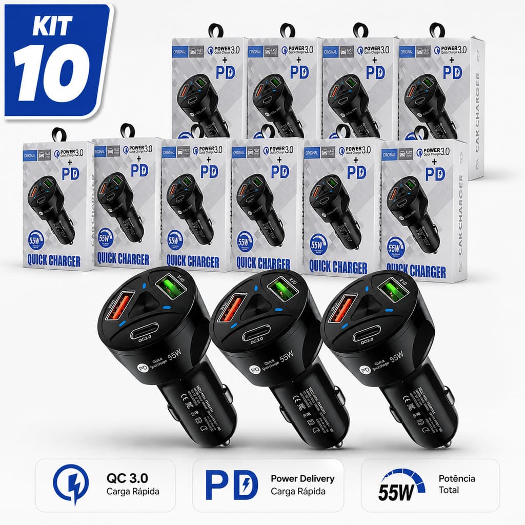 kit 10/6 Carregador  Turbo 55w PD Tipo C Veicular Compativel  QCC-006