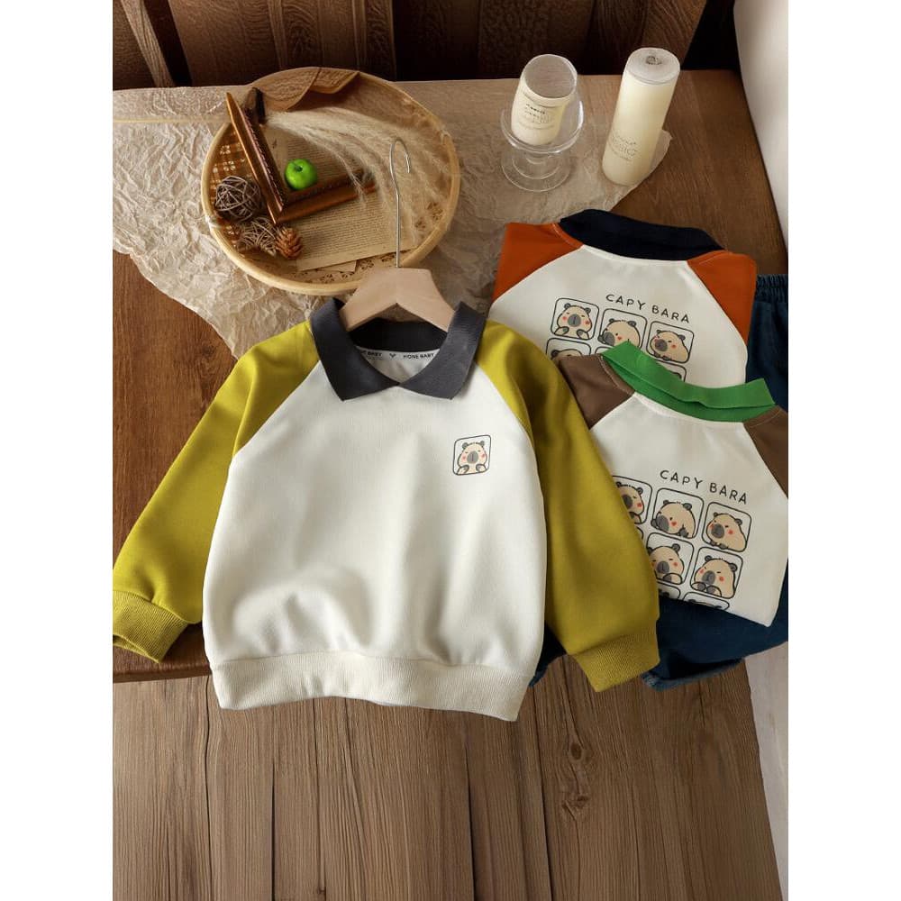 Primavera outono novo estilo moletom infantil meninos lapela moletom infantil estilo ocidental Casual contraste cor pulô