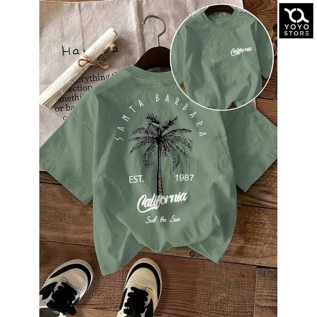 Tshirt Feminina Estilosa Estampada Coqueiro Santa Barbara Lançamento Camiseta 100% Algodão Camisa Oversized Plus Size
