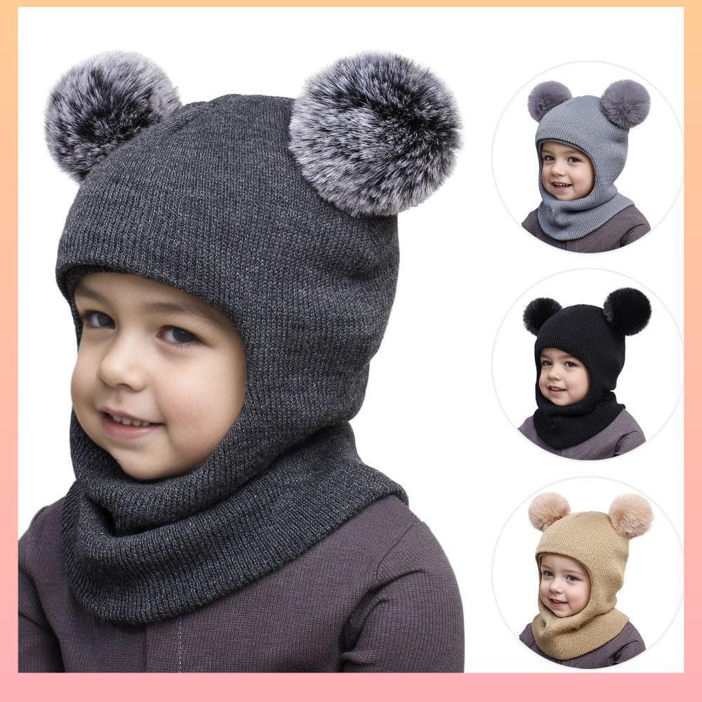 Cachecol De Chapéu De Peça Única , Chapéus Balaclava Infantis Com Bolas Duplas , Boné De Lã Bola De Pompom Para