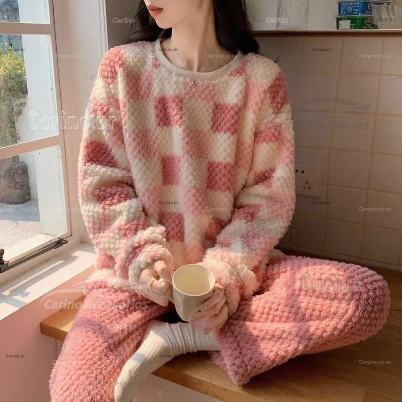 Conjunto de Pijama Feminino de Algodão Xadrez para Inverno, Blusa de Gola Alta com Zíper, Calças, Estilo Conforto Diário