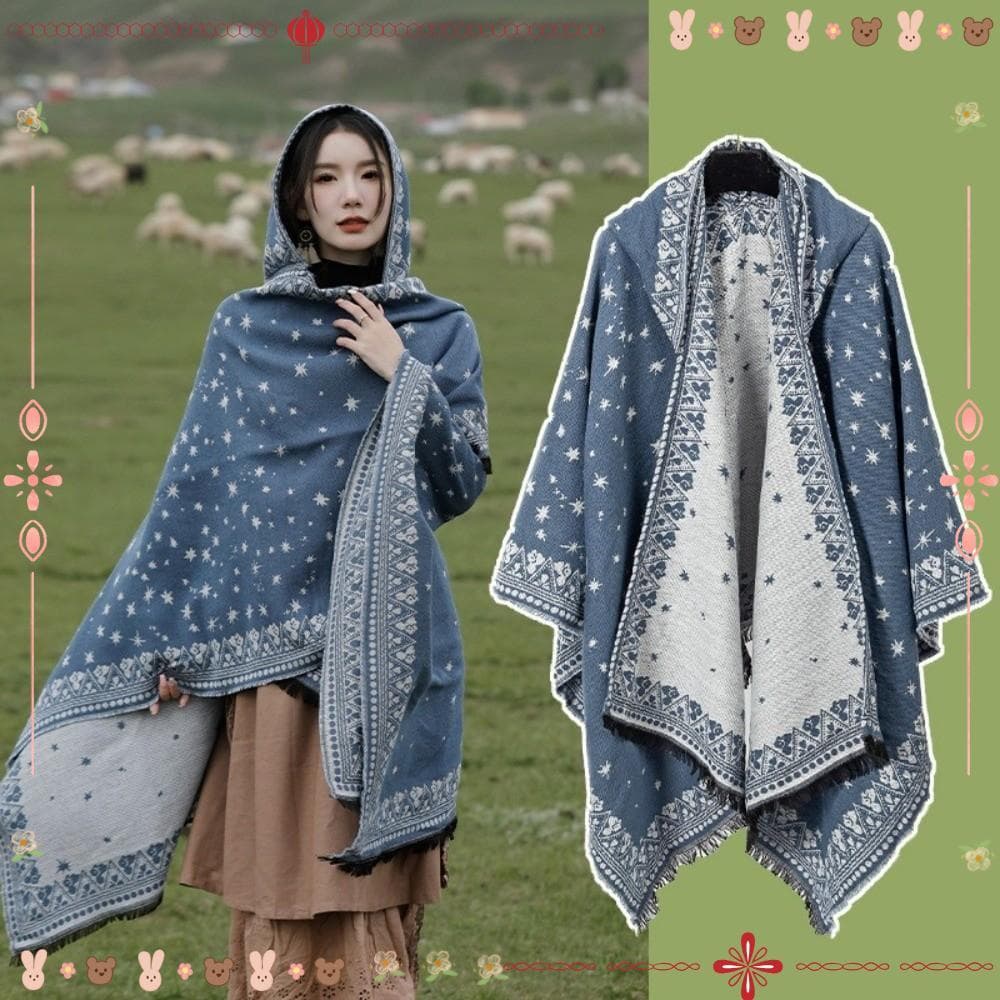 Xale Com Capuz, Capas Poncho Quentes De Estilo Étnico , Feminino Capa De Borla À Prova De Vento