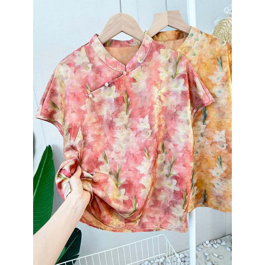 Brilhante dourado Jacquard novo estilo chinês topo feminino verão respirável fino Cheongsam gola manga curta estilo chin