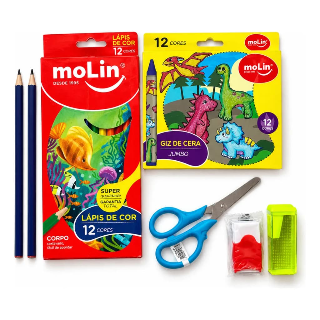 Kit Escolar Infantil Lápis De Cor Giz De Cera Tesoura Molin