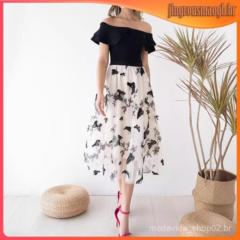 Saia Maxi Plissada de 3 Camadas com Bordado de Borboleta em Tule e Malha Elástica de Cintura Alta para Mulheres, Moda Co