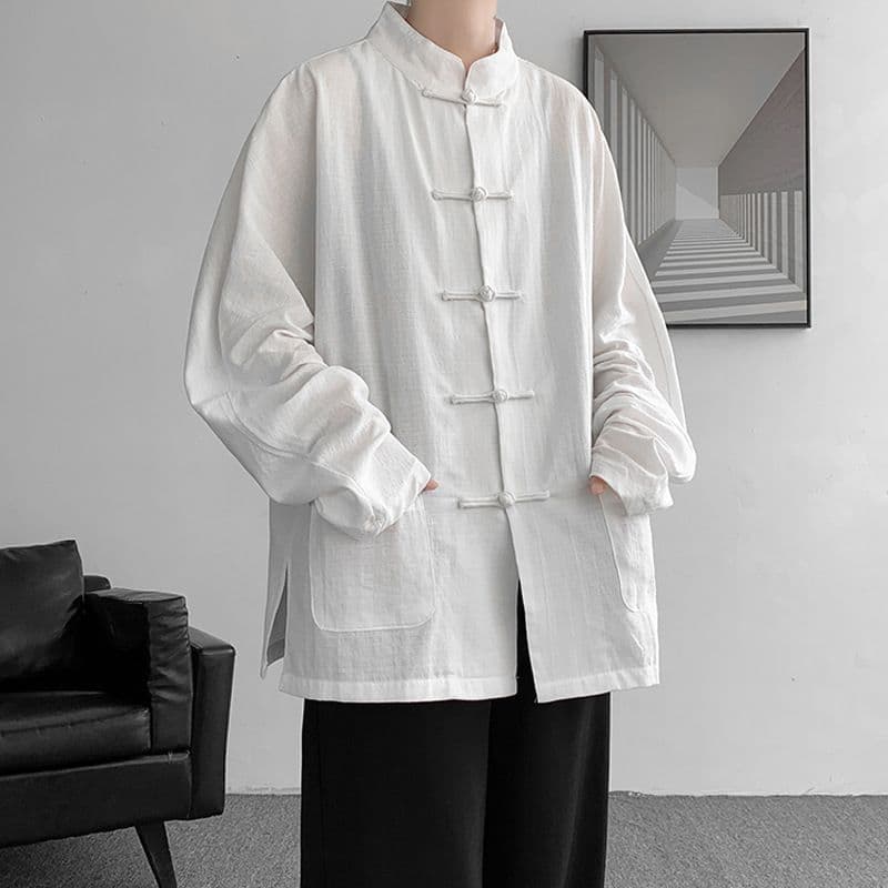 Novo estilo chinês abotoado camisa masculina de manga comprida estilo chinês casaco Han roupas casaco mais gordura plus
