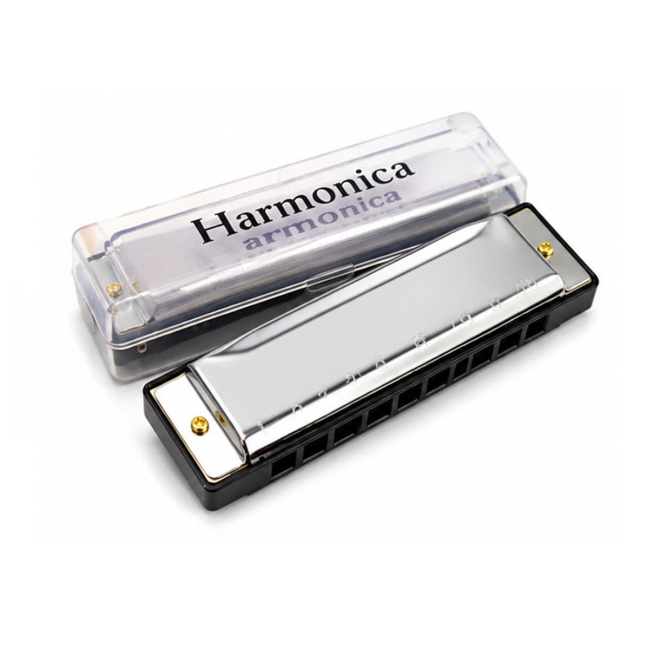 Gaita de boca Harmonica em Do C Prateada10 Furos com Estojo Protetor Transparente