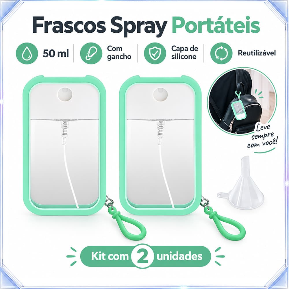 2 frascos spray portáteis, 50ml, com gancho e capa de silicone, reutilizáveis, Ideais para guardar perfume (verde)
