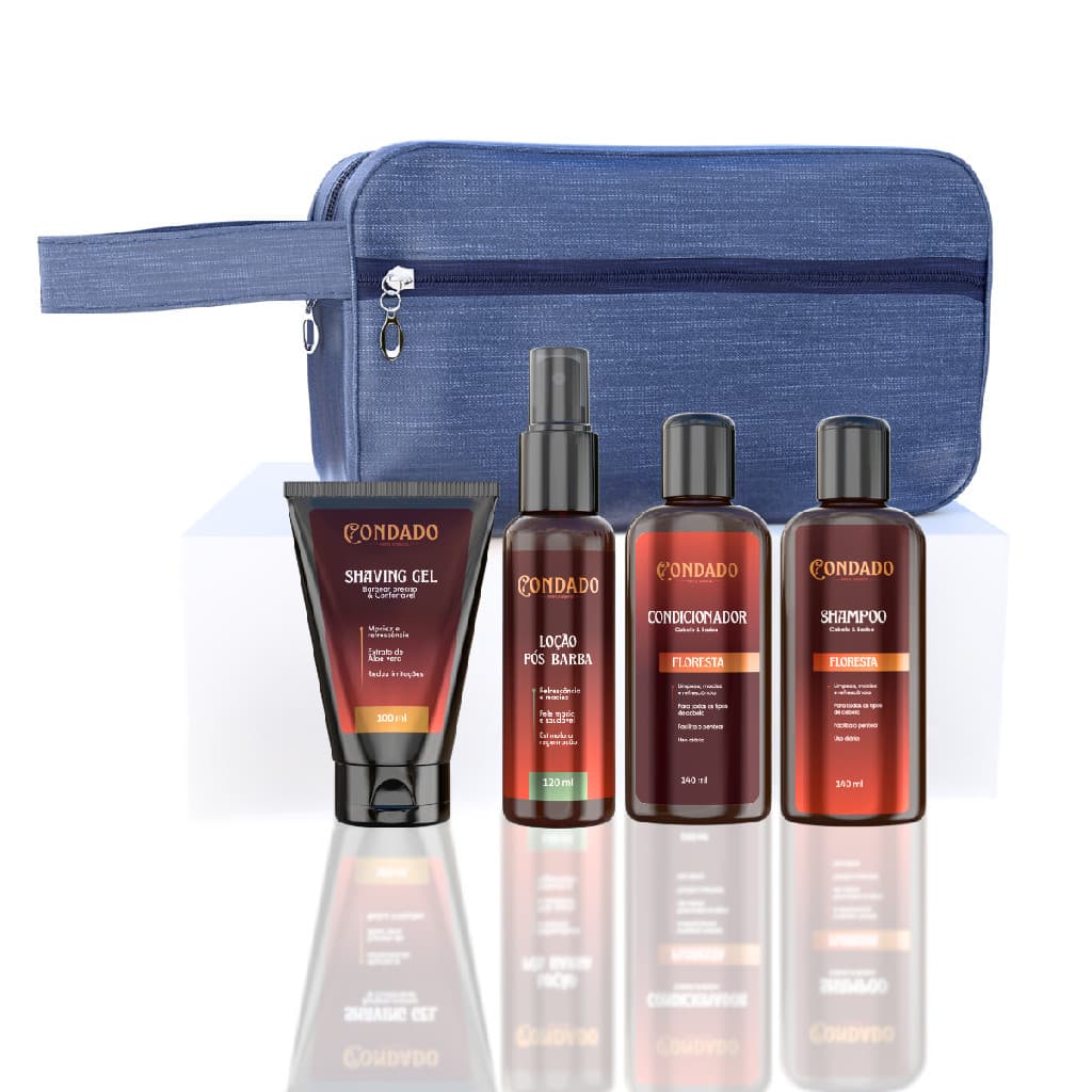 Kit Barbear Floresta Shampoo Condicionador Gel Loção Pós Barba Necessaire Azul Barba Cabelo Completo