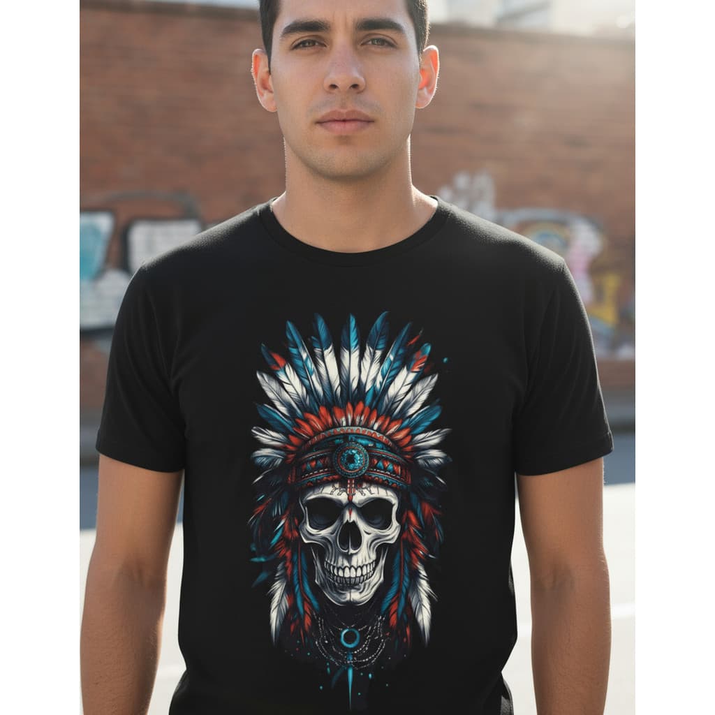 Camiseta Unissex Caveira Mexicana Cocar Indio