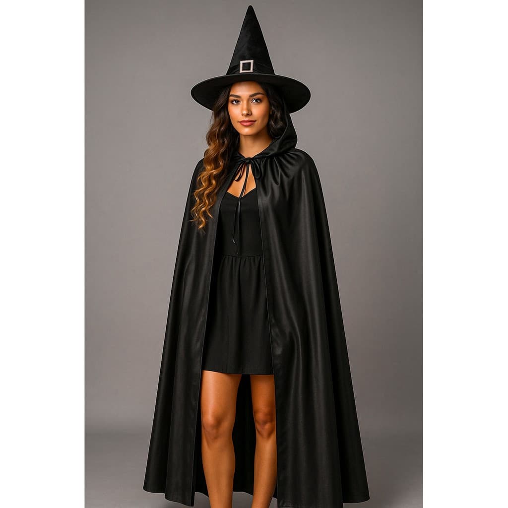 Fantasia de Bruxa Halloween com Capa Preta e Chápeu Terror
