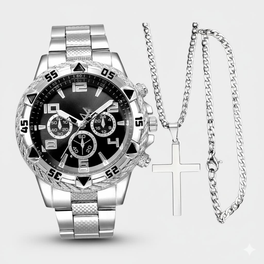 Kit Relógio Masculino Luxo + Corrente Banhada a Ouro 18k + Pulseira e Pingente | Pronto para Presentear!