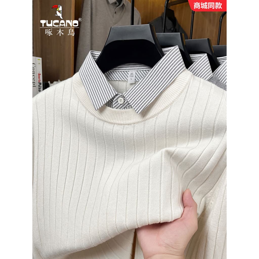 Woodpecker falso malhas de duas peças outono inverno novo estilo camisa gola camisola masculina quente Casual longo @-