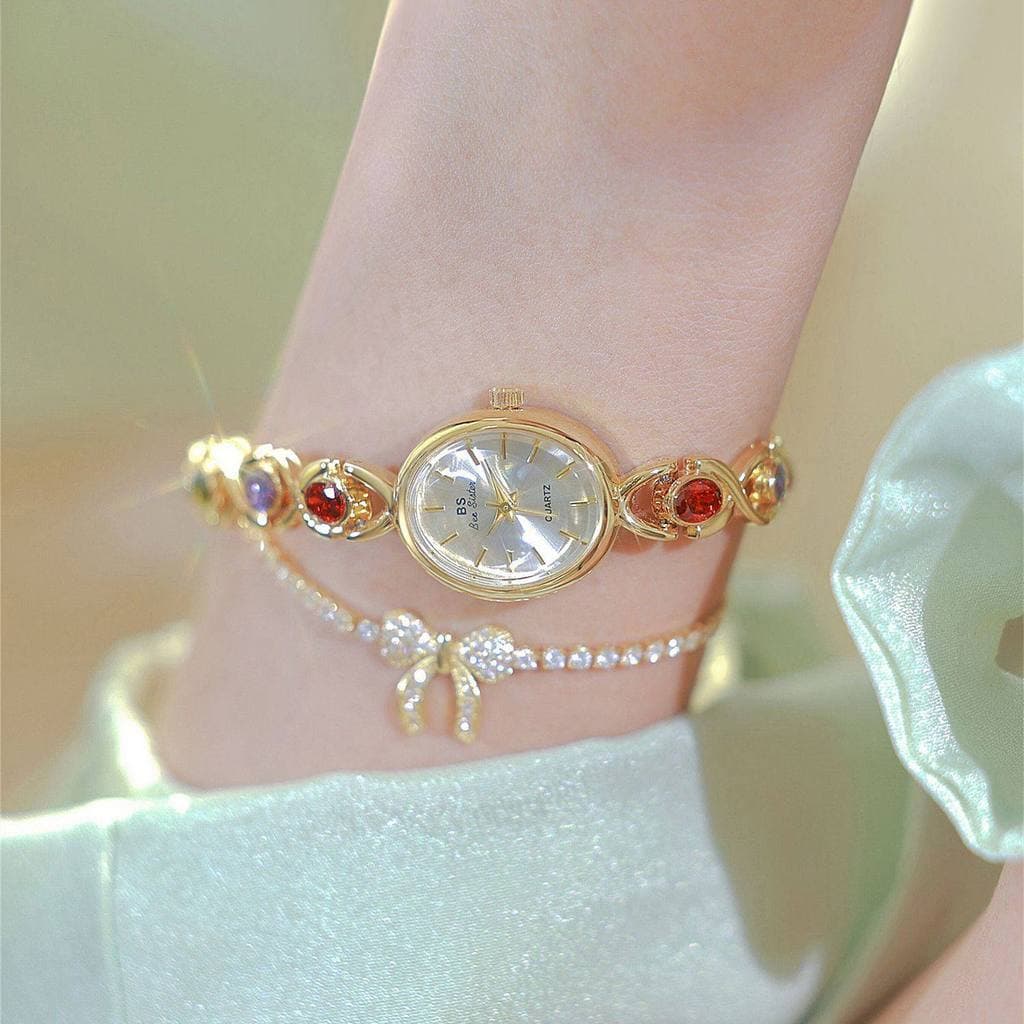Gemas coloridas 2023 novo estilo relógio feminino luz luxo nicho estudantes pulseira de alto valor pequeno mostrador mar