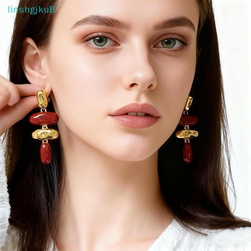 [lLinshgjkuB] Brincos Esmaltados Vintage Exagerados , Gota De Ouro , Esmalte , Vinho , Vermelho , Costura , Joias Pendur