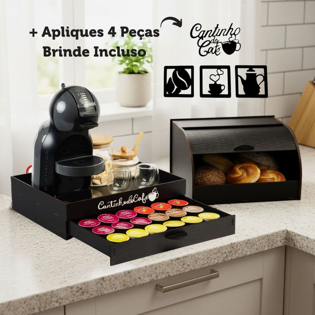 Bandeja Porta 24 Cápsulas + Porta Pão Organizador + Apliques Kit Completo Cantinho do Café Compacto