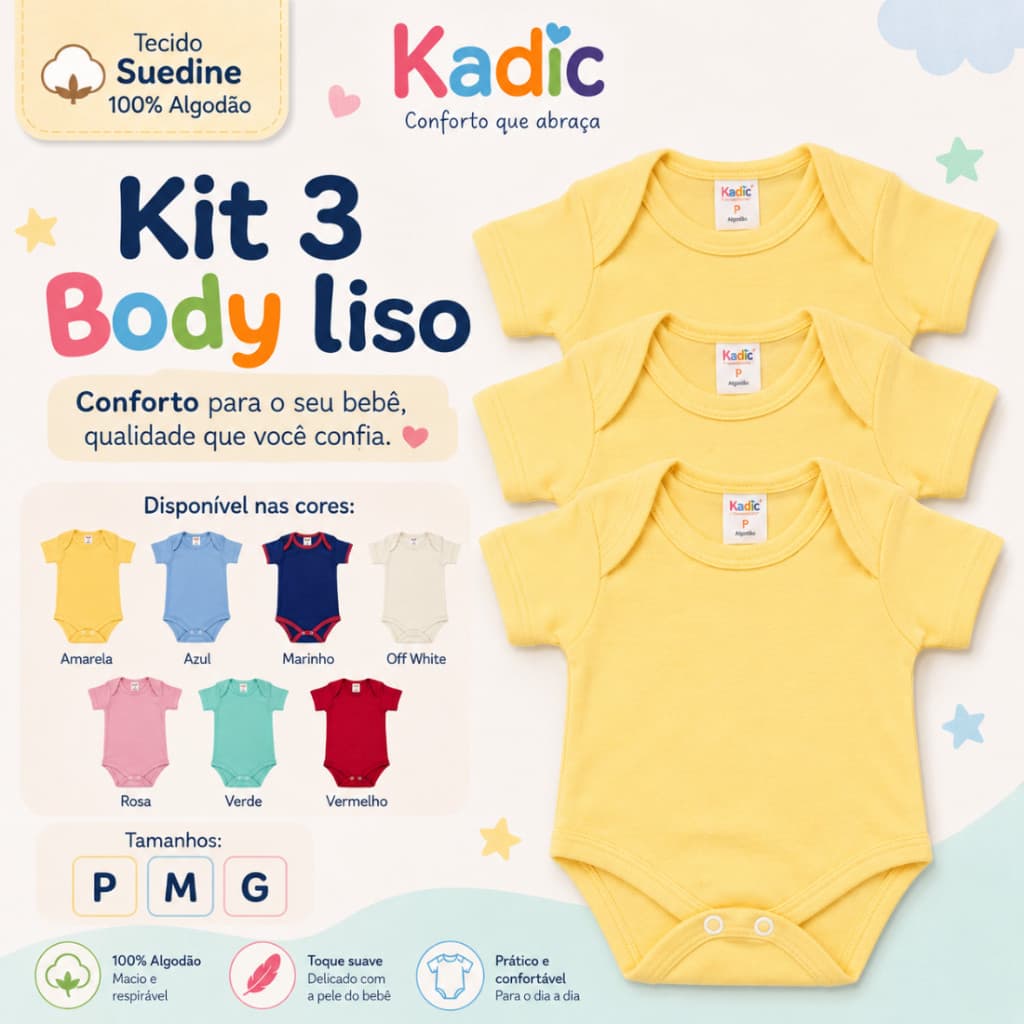 Kit 3 Body Infantil Liso Kadic Suedine 100% Algodão – Menino e Menina