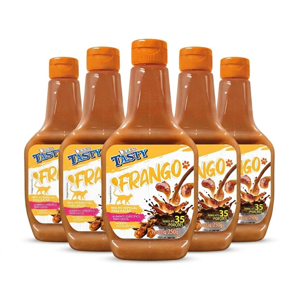 Kit 5 Molho Realçador de Sabor para ração CAATS TASTY para GATOS sabor FRANGO 250GR.