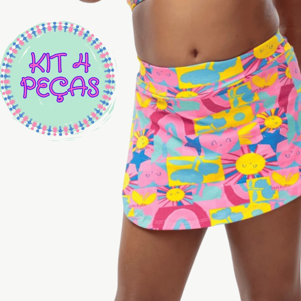 Kit com 4 Shorts Saia Juvenil Infantil Básico Verão Escolar Menina