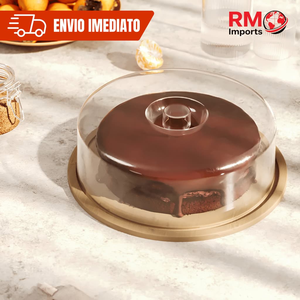 Boleira Com Tampa Acrílica Bambu Porta Bolo Decoração Mesa Posta Para Bolo Torta Pudim 28cm