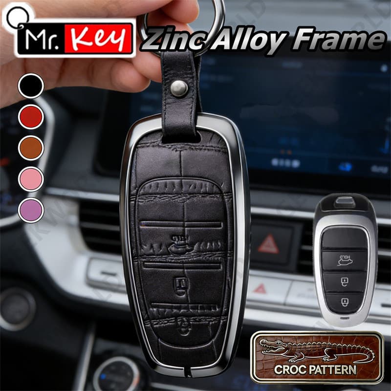 [Mr.Key] Capa Para Chave Hyundai , De Couro De Crocodilo Adequada Sonata Tucson Santa Fe Elantra Accent Key Holder Com F