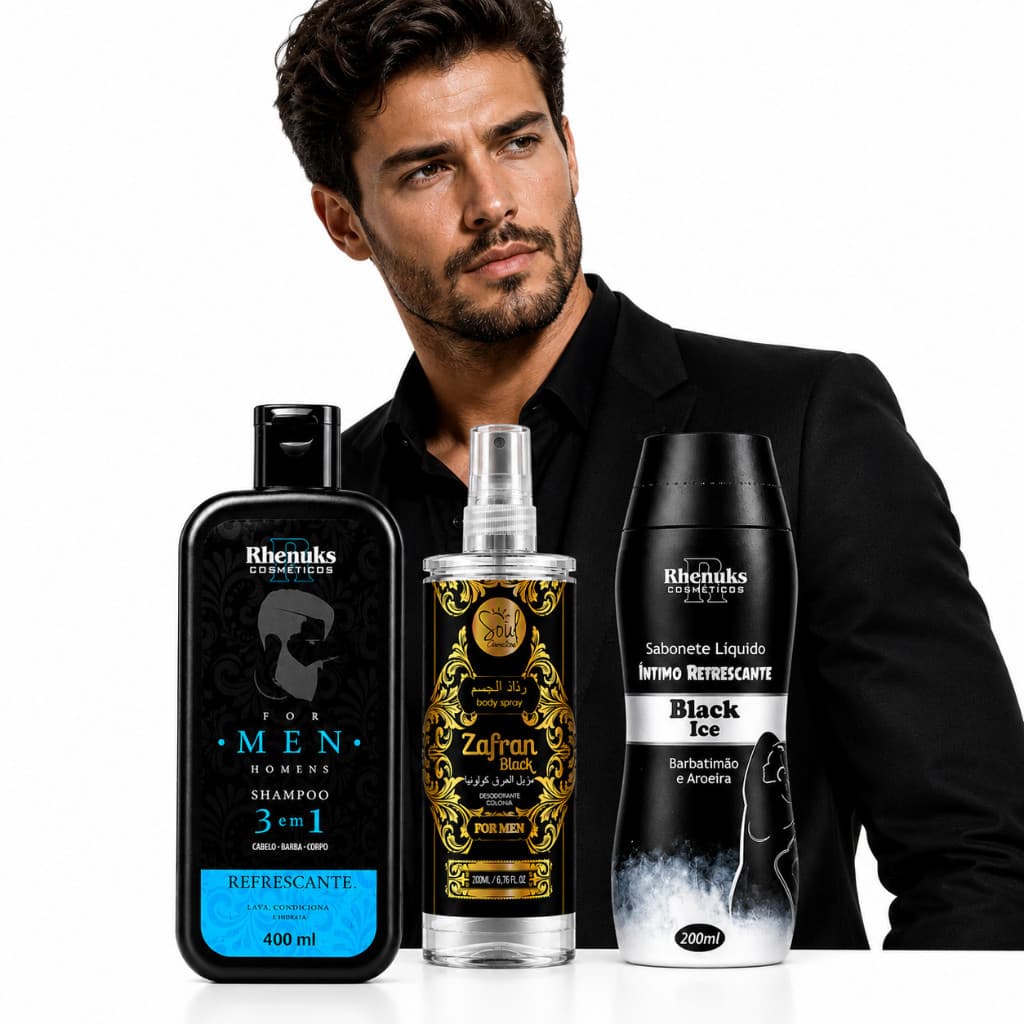 Kit Masculino Shampoo 3 Em 1 + Body Splash Masculino Arabe + Sabonete Intimo black ice 200ml