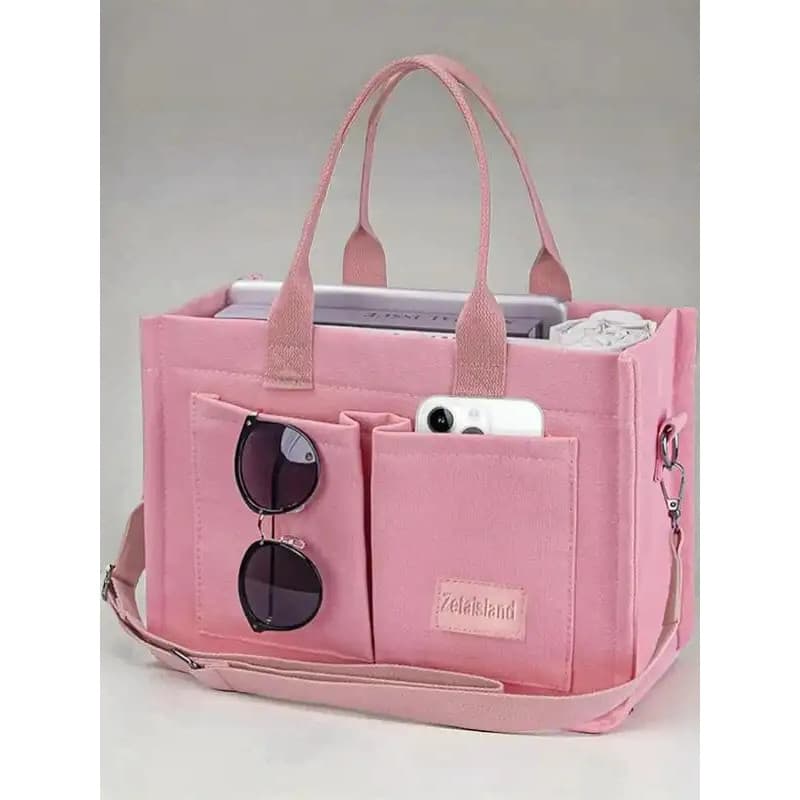 Bolsa Tote Feminina Elegante de Cor Sólida, Bolsa de Ombro de Lona Moderna com Grande Capacidade e Múltiplos Bolsos, Bol