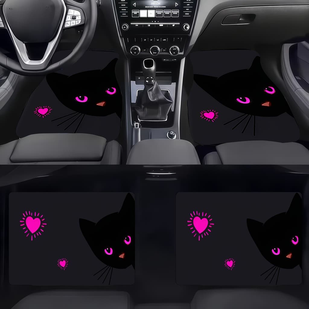 Conjunto de quatro peças Tapete para pés de carro olho rosa de gato preto, usando design de avião 2D, impresso com lindo