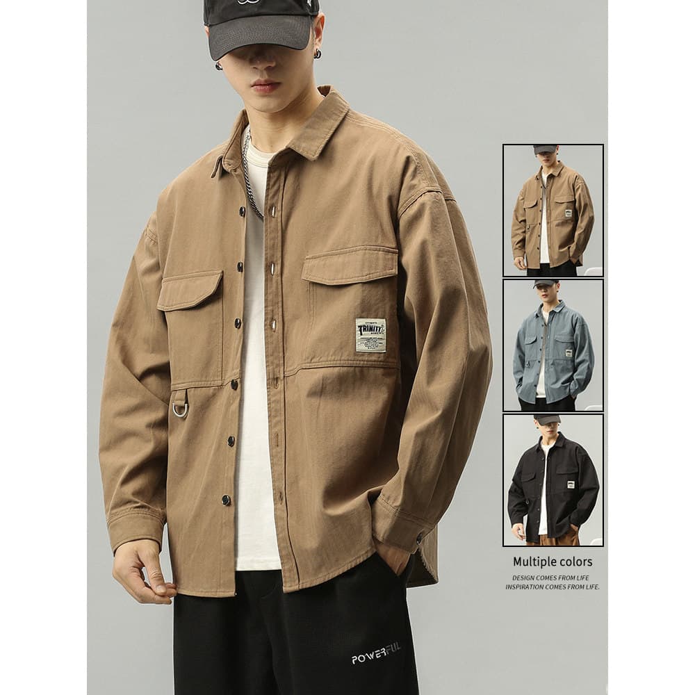 Macacão jaqueta masculina primavera outono solto japonês Retro simples topo outono inverno camisa estilo lapela jaqueta