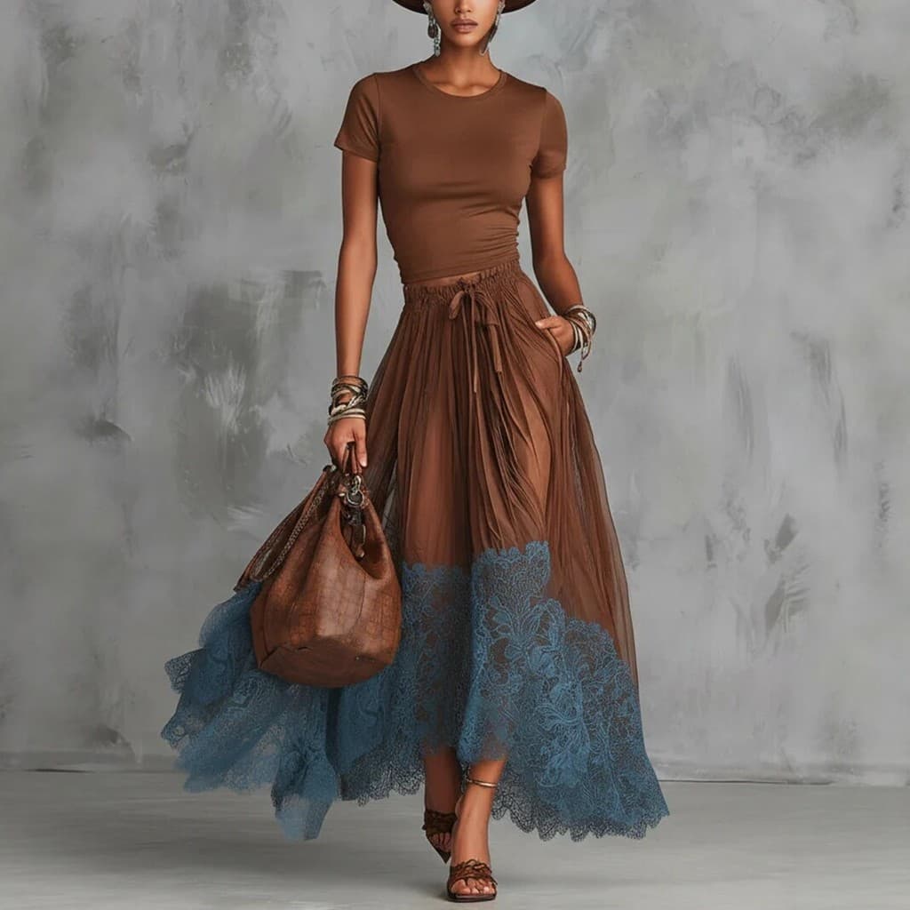 Terno feminino 2026 novo estilo com decote em V cintura estreita babados elegante Base superior + saia saia longa terno