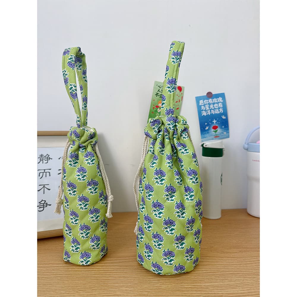 Verde Floral veludo acolchoado isolado suporte de copo feminino cordão cordão saco de copo de água portátil saco de arma