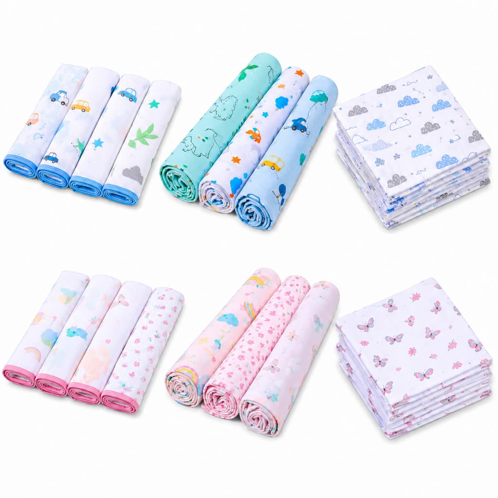 Kit Enxoval Bebe 14 Peças com 5 Fraldas de Pano 3 Cueiro Flanelado 6 Paninho de Boca 100% Algodão